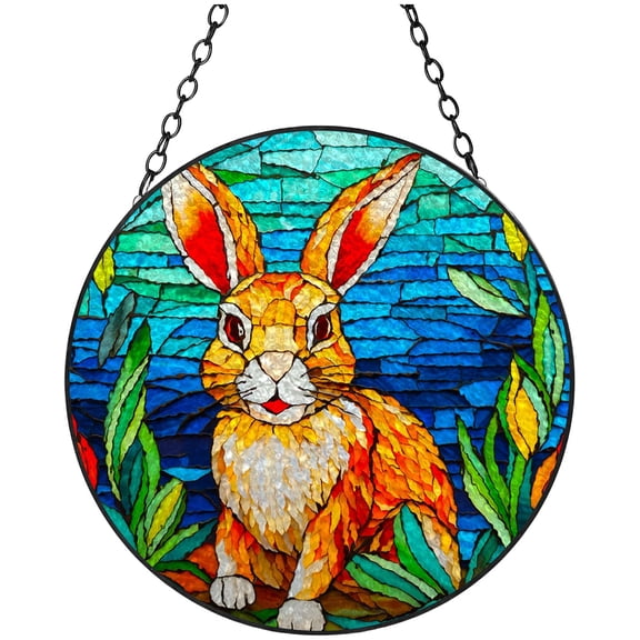 Happy Easter Rabbit Stained Glass Suncatcher Handmade Window Hangings Colored Glass Suncatcher Crafts Kits for Indoor Garden Christmas Decoration 16x16cm(7)