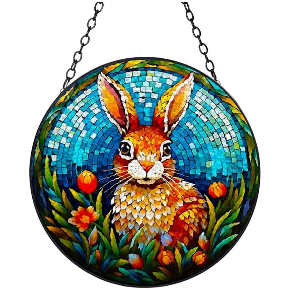 Happy Easter Rabbit Stained Glass Suncatcher Handmade Window Hangings Colored Glass Suncatcher Crafts Kits for Indoor Garden Christmas Decoration 16x16cm(6)
