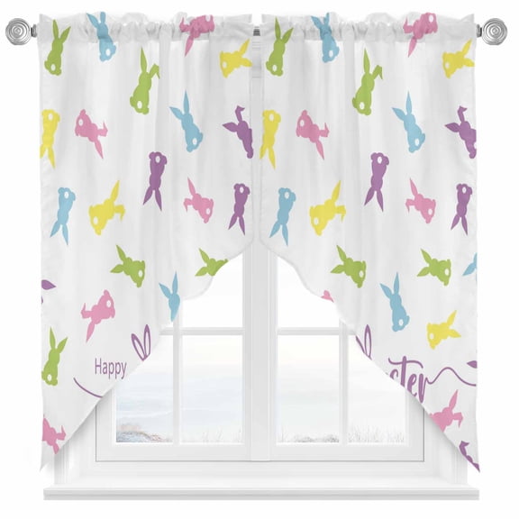 Happy Easter Rabbit Swag Kitchen Curtain Valances, Spring Easter Pink Blue Green Purple Yellow Bunny Rod Pocket Curtains Window Treatment Decor Valances for Bedroom Bathroom, 2 Panels 28 x 36 Inch