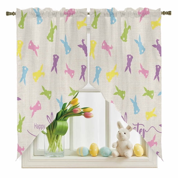 Happy Easter Rabbit Swag Valance Curtains Spring Easter Pink Blue Green Bunny Silhouette Linen Texture Rod Pocket Swag Curtains Small Window Treatments for Kitchen Bedroom 28" W x 36" L, 2 Panels