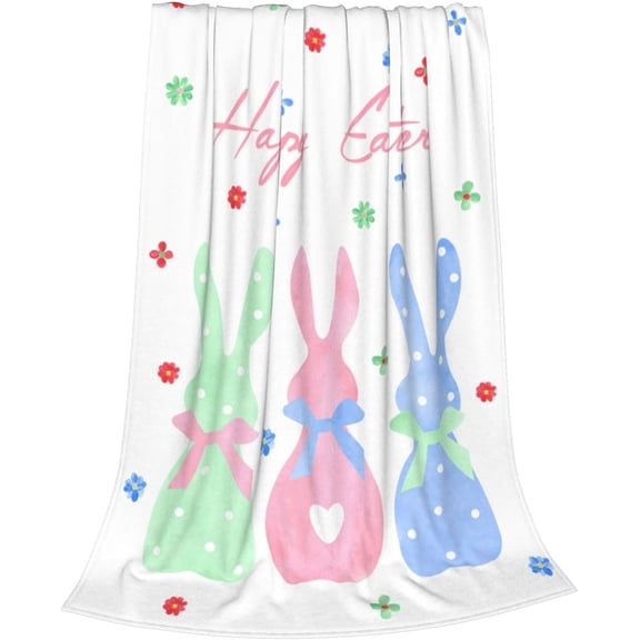 Happy Easter Rabbit Throw Blanket, Bunny Floral Soft Cozy Blankets, Cute Lightweight Flannel Blanket for Easter Decorations, All Season Warm Fleece Blanket for for Couch Bed Sofa 50x60 Inch