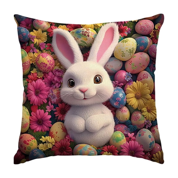 Happy Easter Rabbit Throw Pillow Cover, Colorful Eggs Animals Cushion Case, Spring Flowers Decor Throw Porch Pillows Cases for Sofa Living Room (18"x18")