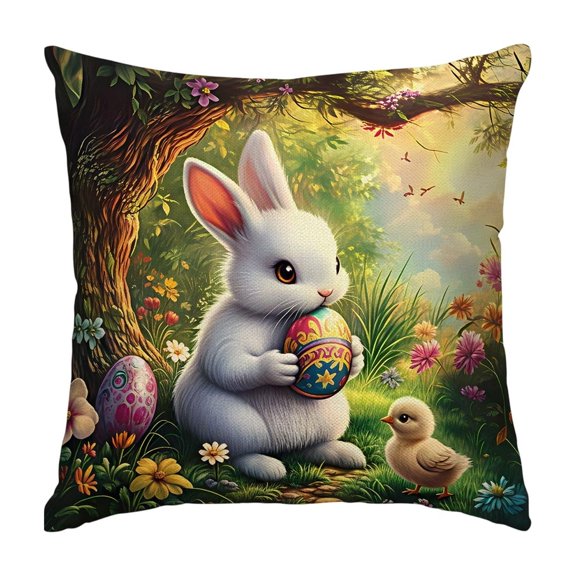 Happy Easter Rabbit Throw Pillow Cover, Colorful Eggs Animals Cushion Case, Spring Flowers Decor Throw Porch Pillows Cases for Sofa Living Room (18"x18")