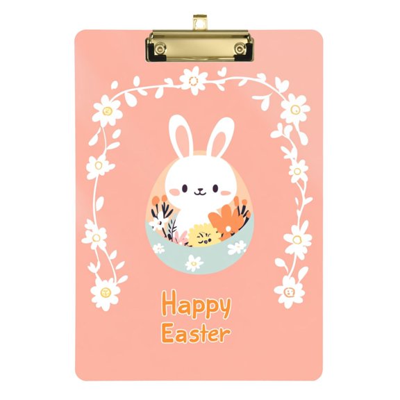 Happy Easter Rabbit in Egg Acrylic Clipboard Drawing Board with Hook Writing Pad File Storage A4 Size Gold 12.5" x 9"