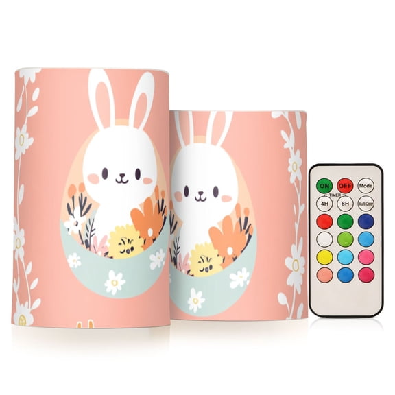 Happy Easter Rabbit in Egg Flickering Flameless Candles LED Tealight Battery Operated with Remote Set of 2 Holiday Decor Ornaments