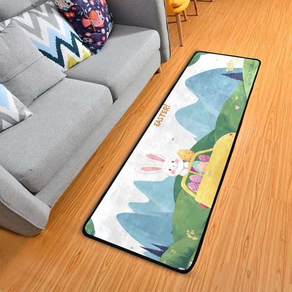 Happy Easter Rabbit on Car Eggs Long Floor Mat Runner Rug Area Mat Noise Reduction Water Absorbent Non-Slip 72" x 24"