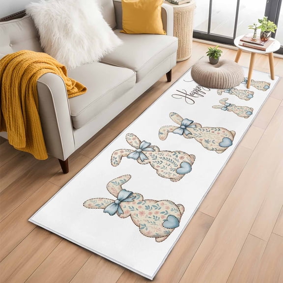 Happy Easter Rabbits 2'x6' Runner Rugs for Hallway Kitchen Bedside Non Slip, Spring Bunny Flowers Love Watercolor Entryway Rug Runners with Rubber Backing, Long Carpet Runner for Laundry Room