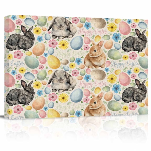 Happy Easter Rabbits Canvas Print Wall Art Colored Eggs Pink Flower Daisy Vintage Pictures Painting Morden Artwork for Living Room Bedroom, Ready to Hang - 12"x16"