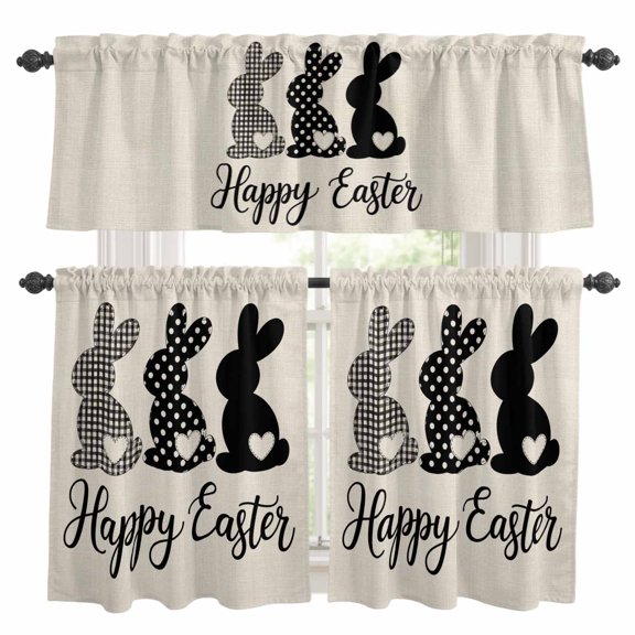 Happy Easter Rabbits Kitchen Curtains Sets for Windows 36 Inch Length, Black Plaid Polka Dots Rabbits Beige Rod Pocket Window Treatments Tier Curtains and Valances Set for Bedroom/Bathroom