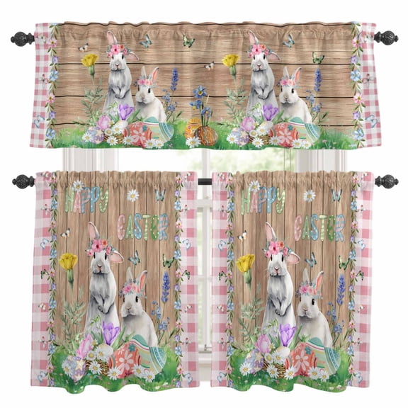 Happy Easter Rabbits Kitchen Curtains and Valances Set, Spring Pink Flower Eggs Butterfly Wood Grain Rod Pocket Window Valance 18 Inch Window Curtain Panels for Living Room Bedroom Laundry, 27.5x24in