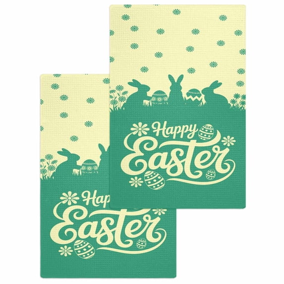 Happy Easter Rabbits Kitchen Dish Towels for Drying Dishes Set of 2, Spring Daisy Green Silhouette Yellow Waffle Weave Microfiber Hand Tea Bathroom Towels Quick Dry & Absorbent Towel 15.7x23.6