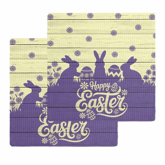 Happy Easter Rabbits Kitchen Dish Towels for Drying Dishes Set of 2, Spring Daisy Purple Silhouette Wooden Grain Waffle Weave Microfiber Hand Tea Bathroom Towels Quick Dry & Absorbent Towel 12x12