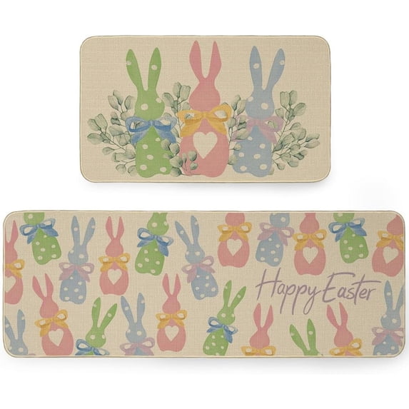 Happy Easter Rabbits Kitchen Mats Set of 2, Spring Easter Holiday Party Kitchen Rugs and Door Mats, Non-Slip Absorbent Floor Mat Seasonal Flower Kitchen Decorative 17x29 and 17x47 Inch AKM029