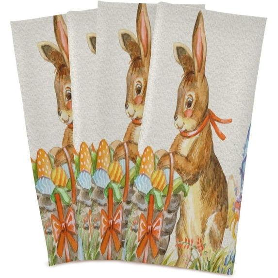 Happy Easter Rabbits Kitchen Tea Towels Set of 4 Absorbent Hand Dish Towels, Cute Bunny Eggs Dishcloths Lint-Free 18x28 Inch Fast Drying for Cooking Baking Home Clean