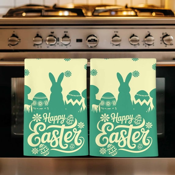 Happy Easter Rabbits Kitchen Towels Set of 2, Spring Daisy Green Silhouette Yellow Absorbent Dish Towels for Kitchen, Microfiber Hand Towel, Quick Drying Tea Towel for Cleaning Decorative Dishcloths