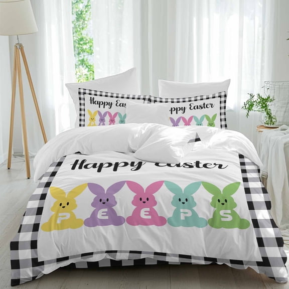 Happy Easter Rabbits Queen Size Comforter Set, Spring Cute Colorful Bunny Black Buffalo Plaid Bedding for All Seasons, 4 Pcs Bed Set, 1Quiltcover (90"x92") ,1Sheet(94"x116"), 2Pillowcases (30"x20")
