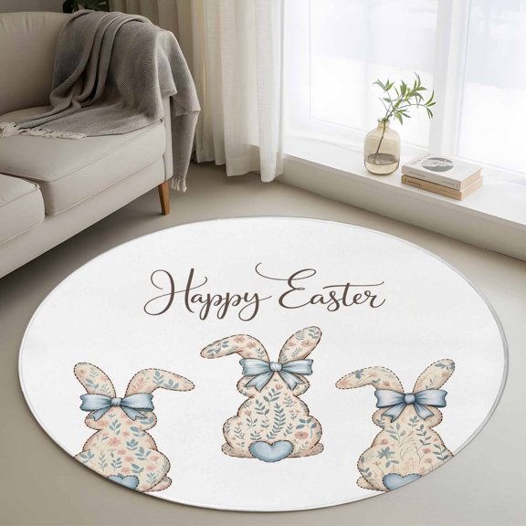 Happy Easter Rabbits Round Area Rug 3Ft Washable Small Circle Rugs for Kitchen Entryway, Spring Bunny Flowers Love Watercolor Non-Slip Carpet Floor Mats Indoor Outdoor Carpet Runner Home Decor