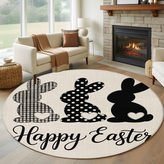 Happy Easter Rabbits Round Rug 6ft Washable Circle Kitchen Rugs Non Slip Black Plaid Polka Dots Rabbits Beige Large Area Rug Indoor Floor Carpet for Bedroom Living Room Home Office Dining Room