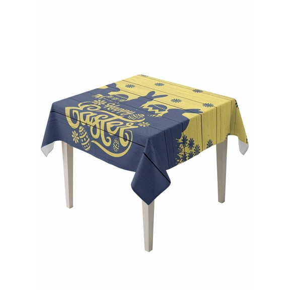 Happy Easter Rabbits Suqare Tablecloth - 60 x 60 Inch, Spring Daisy Navy Silhouette Yellow Waterproof & StainResistant Tablecloth, Washable Oil-proof Table Cover for Dining/Party/Wedding/Buffet