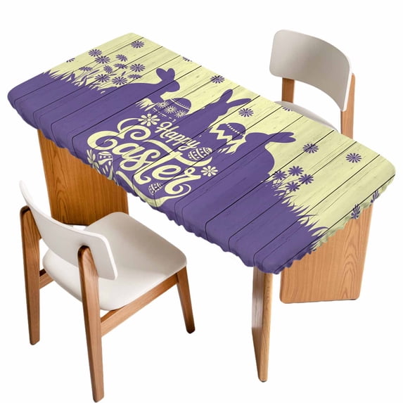 Happy Easter Rabbits Table Cloths for 4 Foot Rectangle Tables, Spring Daisy Purple Silhouette Wooden Grain Patio Waterproof Elastic Fitted Tablecloths, Washable Rectangular Table Cover for Camping