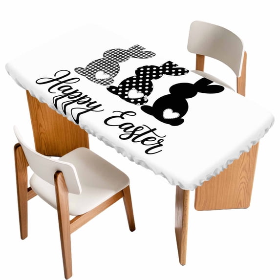 Happy Easter Rabbits Table Cloths for 5 Foot Rectangle Tables, Black Plaid Polka Dots Rabbits Spring Patio Waterproof Elastic Fitted Tablecloths, Washable Rectangular Table Cover for Camping