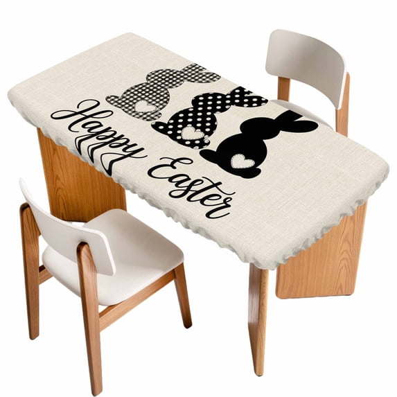 Happy Easter Rabbits Table Cloths for 6 Foot Rectangle Tables, Black Plaid Polka Dots Rabbits Beige Patio Waterproof Elastic Fitted Tablecloths, Washable Rectangular Table Cover for Camping
