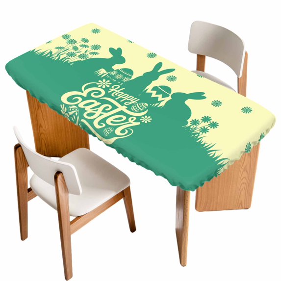 Happy Easter Rabbits Table Cloths for 6 Foot Rectangle Tables, Spring Daisy Green Silhouette Yellow Patio Waterproof Elastic Fitted Tablecloths, Washable Rectangular Table Cover for Camping