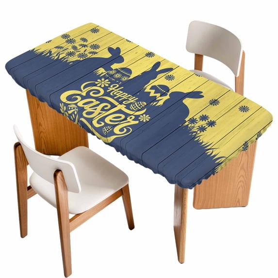 Happy Easter Rabbits Table Cloths for 6 Foot Rectangle Tables, Spring Daisy Navy Silhouette Yellow Patio Waterproof Elastic Fitted Tablecloths, Washable Rectangular Table Cover for Camping