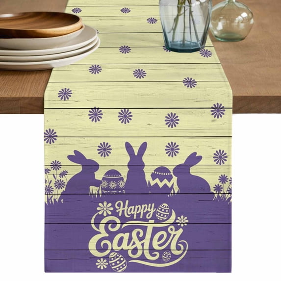 Happy Easter Rabbits Table Runner 108 Inches, Spring Daisy Purple Silhouette Wooden Grain Bed Runner Dresser Scarves Tabletop for Indoor Outdoor Parties/Ceremony/Banquet, 13"x 108"