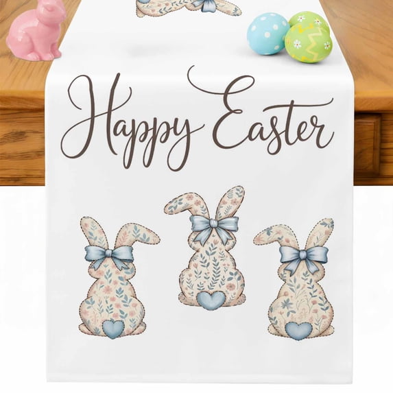 Happy Easter Rabbits Table Runner 36 Inches Long for Kitchen Dining, Spring Bunny Flowers Love Watercolor Dresser Scarf Farmhouse, Dining Table Decorations for Wedding/Parties, 13 x 36 In