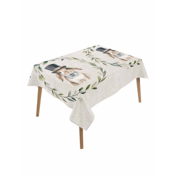 Happy Easter Rectangle Tablecloth, Beige Rustic Spring Bunny Eucalyptus Leaves Waterproof & StainResistant Tablecloth, Washable Oil-proof Table Cover for Dining/Party/Wedding/Camping/Buffet 52x70 In