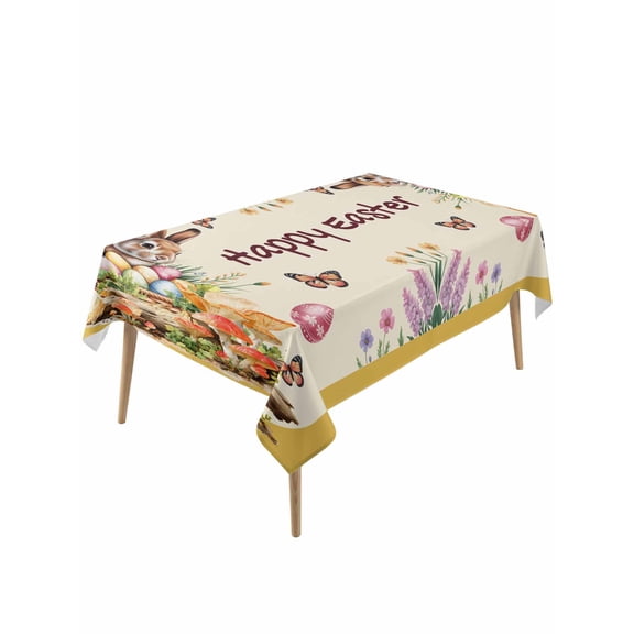 Happy Easter Rectangle Tablecloth, Bunny Eggs Spring Mushrooms Floral Rustic Yellow Waterproof & StainResistant Tablecloth, Washable Oil-proof Table Cover for Dining/Party/Wedding/Buffet 60x120 In