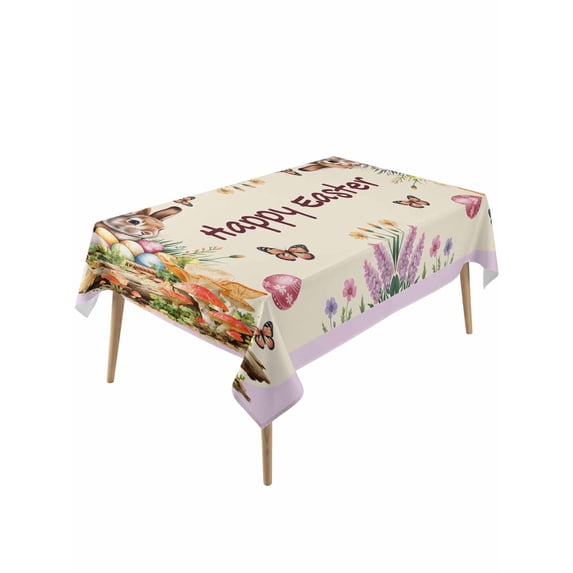 Happy Easter Rectangle Tablecloth, Bunny Eggs Spring Mushrooms Plants Rustic Purple Waterproof & StainResistant Tablecloth, Washable Oil-proof Table Cover for Dining/Party/Wedding/Buffet 54x108 In