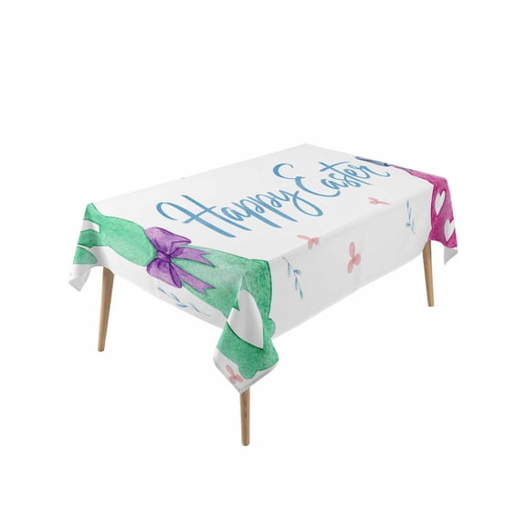 Happy Easter Rectangle Tablecloth, Green Blue Purple Rabbits Love Heart Floral Waterproof & StainResistant Tablecloth, Washable Oil-proof Table Cover for Dining/Party/Wedding/Camping/Buffet 60x120 In