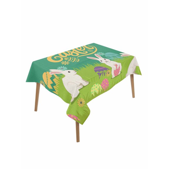 Happy Easter Rectangle Tablecloth, Rabbits Eggs Spring Daisy Floral Grass Green Waterproof & StainResistant Tablecloth, Washable Oil-proof Table Cover for Dining/Party/Wedding/Buffet 60x102 In