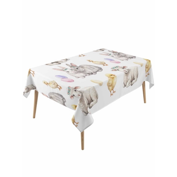 Happy Easter Rectangle Tablecloth, Spring Bunny Chickens Lambs Easter Eggs Waterproof & StainResistant Tablecloth, Washable Oil-proof Table Cover for Dining/Party/Wedding/Camping/Buffet 60x120 In
