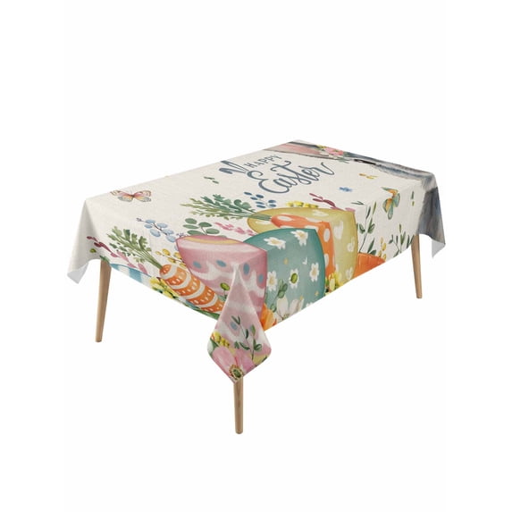 Happy Easter Rectangle Tablecloth, Spring Bunny Easter Eggs Floral Beige Burlap Waterproof & StainResistant Tablecloth, Washable Oil-proof Table Cover for Dining/Party/Wedding/Buffet 54x108 In