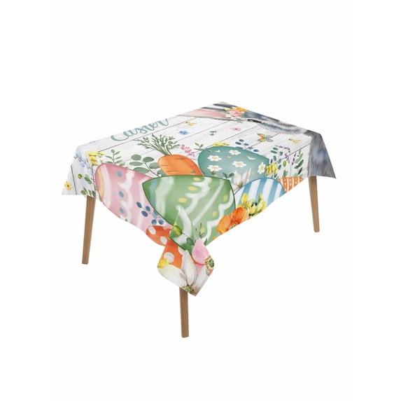 Happy Easter Rectangle Tablecloth, Spring Bunny Easter Eggs Floral Gray Wood Waterproof & StainResistant Tablecloth, Washable Oil-proof Table Cover for Dining/Party/Wedding/Camping/Buffet 52x70 In