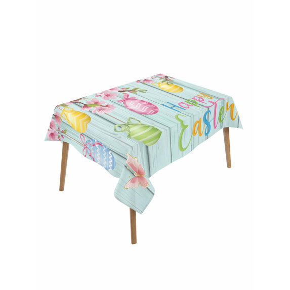 Happy Easter Rectangle Tablecloth, Spring Colorful Eggs Butterfly Teal Wood Grain Waterproof & StainResistant Tablecloth, Washable Oil-proof Table Cover for Dining/Party/Wedding/Buffet 60x84 In