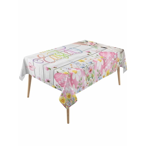 Happy Easter Rectangle Tablecloth, Spring Easter Bunny Eggs Floral Gray Wooden Waterproof & StainResistant Tablecloth, Washable Oil-proof Table Cover for Dining/Party/Wedding/Camping/Buffet 54x108 In
