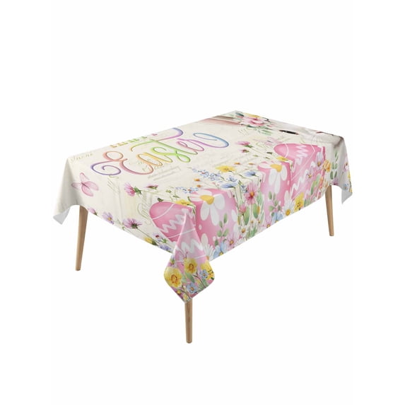 Happy Easter Rectangle Tablecloth, Spring Farmhouse Easter Bunny Eggs Floral Waterproof & StainResistant Tablecloth, Washable Oil-proof Table Cover for Dining/Party/Wedding/Camping/Buffet 60x120 In
