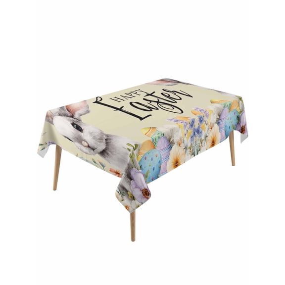 Happy Easter Rectangle Tablecloth, Spring Grey Bunny Colorful Eggs Flower Brown Waterproof & StainResistant Tablecloth, Washable Oil-proof Table Cover for Dining/Party/Wedding/Buffet 60x120 In