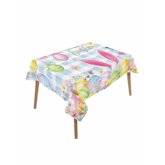 Happy Easter Rectangle Tablecloth, Spring Watercolor Bunny Eggs Flower Blue Plaid Waterproof & StainResistant Tablecloth, Washable Oil-proof Table Cover for Dining/Party/Wedding/Buffet 52x70 In