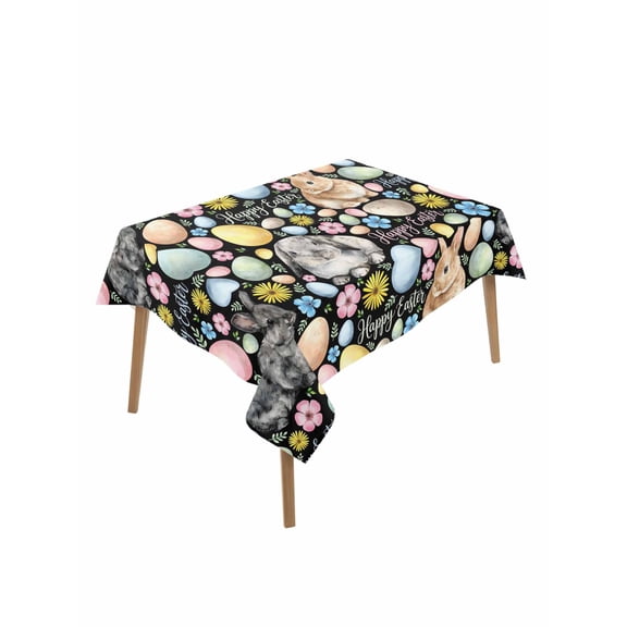 Happy Easter Rectangle Tablecloth, Spring Watercolor Rabbits Eggs Flower Black Waterproof & StainResistant Tablecloth, Washable Oil-proof Table Cover for Dining/Party/Wedding/Camping/Buffet 60x84 In