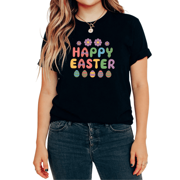 Happy Easter Retro Floral Eggs Graphic Soft Breathable Tees T Shirt Tops Short Sleeve Round Neck Black S-5XL