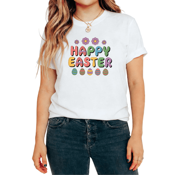 Happy Easter Retro Floral Eggs Graphic Soft Breathable Tees T Shirt Tops Short Sleeve Round Neck White S-5XL