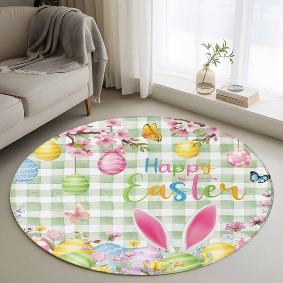 Happy Easter Round Area Rug 3.3Ft Washable Circle Rugs for Dining Room Table, Spring Bunny Eggs Flower Sage Green Plaid Non-Slip Carpet Floor Mats Indoor Outdoor Carpet Runner Aesthetic Home Decor