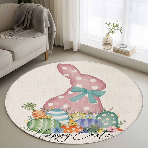 Happy Easter Round Area Rug 3.3Ft Washable Circle Rugs for Dining Room Table, Spring Polka Dots Bunny Easter Eggs Rustic Non-Slip Carpet Floor Mats Indoor Outdoor Carpet Runner Aesthetic Home Decor