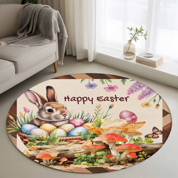 Happy Easter Round Area Rug 3Ft Washable Small Circle Rugs for Kitchen Entryway, Bunny Eggs Spring Mushrooms Plants Brown Plaid Non-Slip Carpet Floor Mats Indoor Outdoor Carpet Runner Home Decor