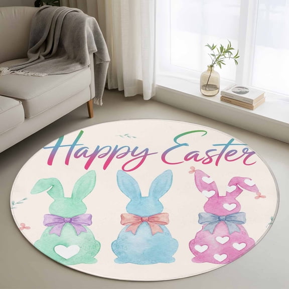Happy Easter Round Area Rug 3Ft Washable Small Circle Rugs for Kitchen Entryway, Colorful Bunny Love Heart Rabbits Retro Pink Non-Slip Carpet Floor Mats Indoor Outdoor Carpet Runner Home Decor